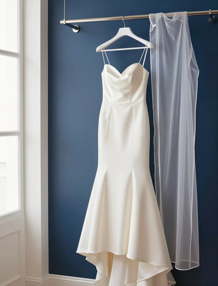 Illustration: an ivory wedding gown on a padded hanger with a sheer garment cover, against a navy wall