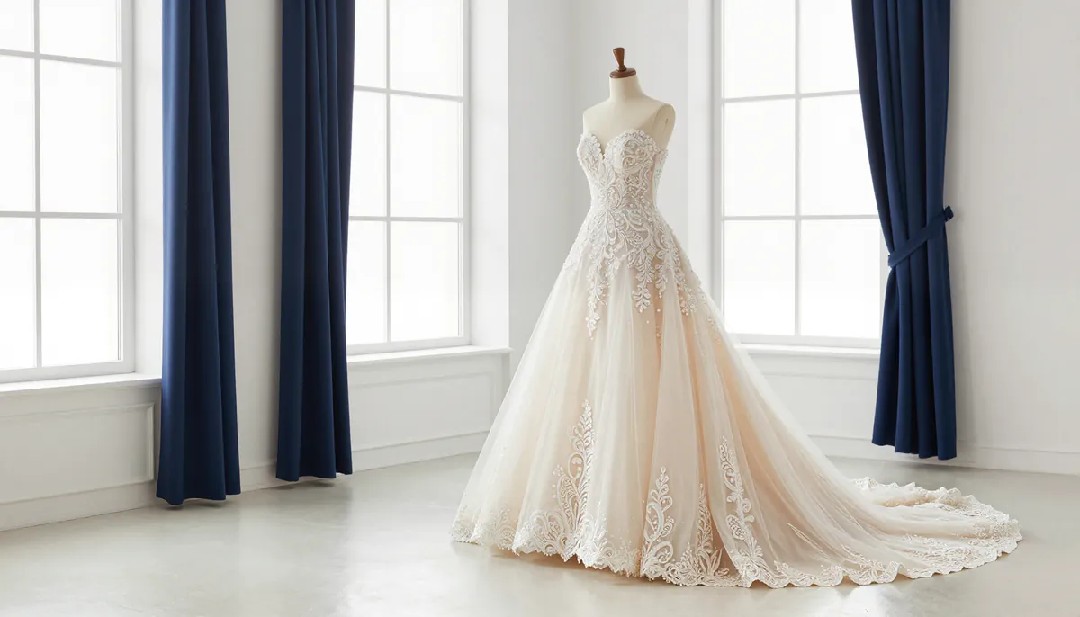 Illustration: an ivory lace wedding gown with a long tulle train on a dress form in a bright atelier