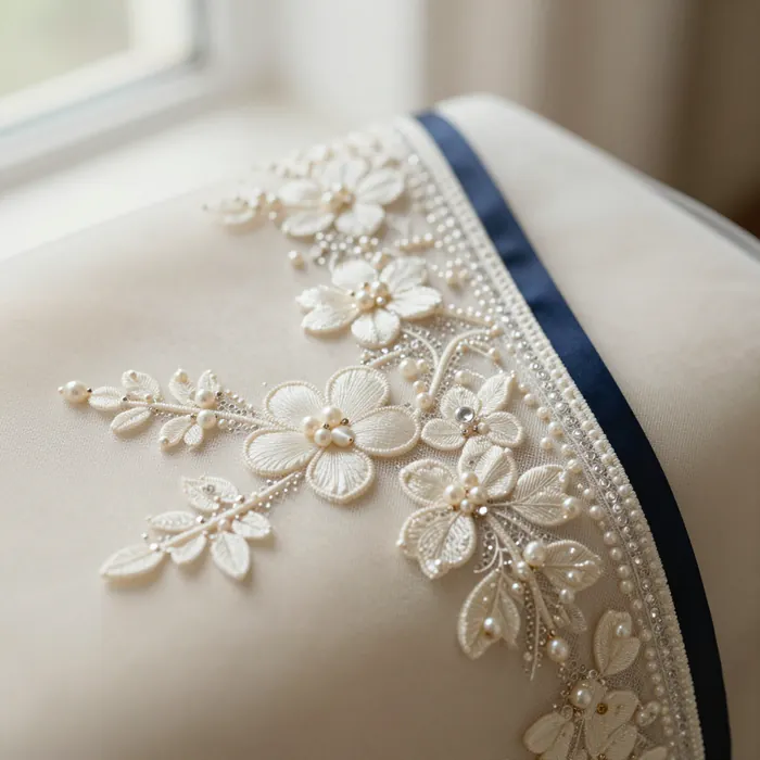 Illustration: ivory bridal lace with floral embroidery, seed pearls and crystal beadwork