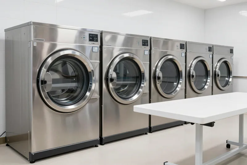 Concept visual: a row of commercial laundry machines and a pressing table in a bright work room