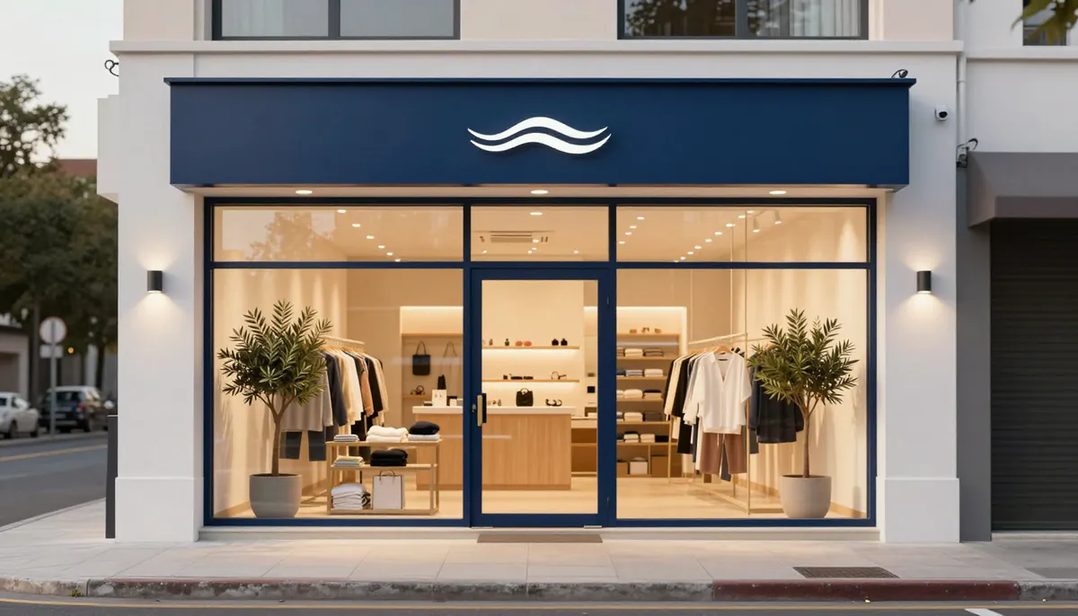 Concept visual: a modern boutique shop front with a wide glass frontage and a navy fascia at dusk