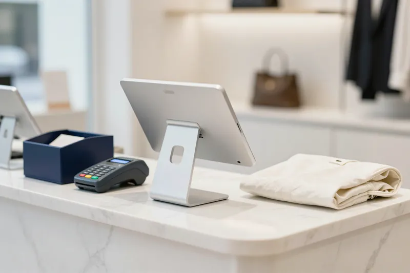 Concept visual: a point-of-sale terminal and card reader on a marble counter
