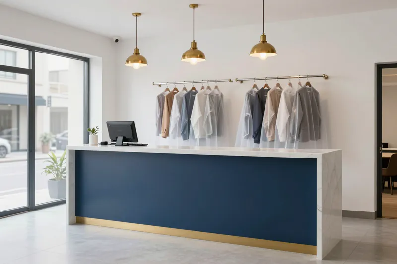 Concept visual: a reception with a white marble counter, a navy front panel and cleaned garments on a rail behind it