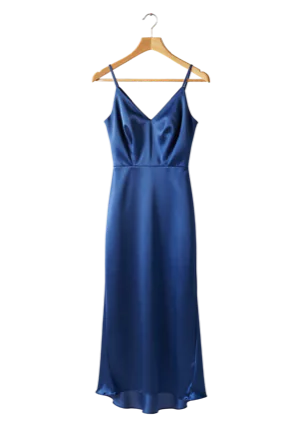 Sapphire-blue satin evening dress on a wooden hanger