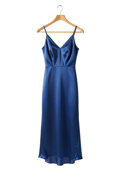 Sapphire-blue satin evening dress on a wooden hanger