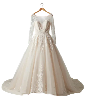 Ivory lace wedding gown on a wooden hanger