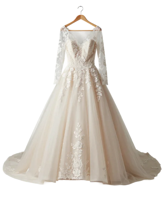 Ivory lace ball-gown wedding dress with sheer lace sleeves and a full tulle skirt on a wooden hanger