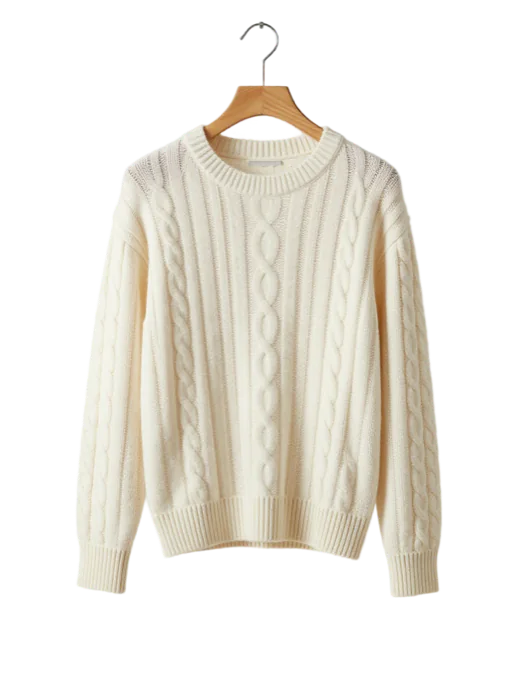 Cream cable-knit sweater on a wooden hanger
