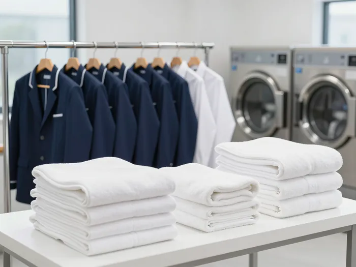 Illustration: neatly folded white hotel towels and linen beside navy staff uniforms on a rail in a clean commercial laundry