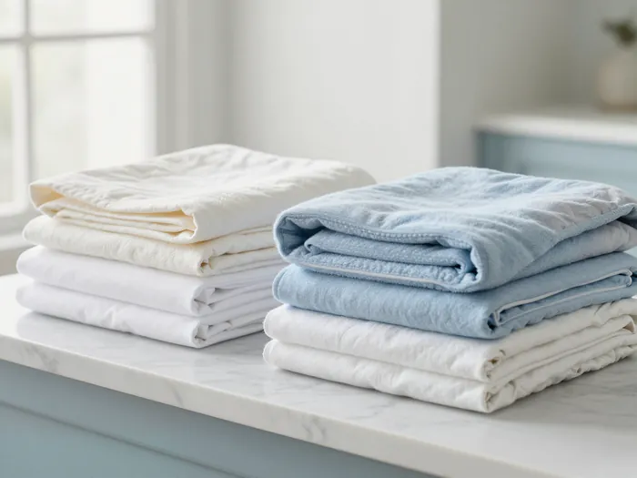 Illustration: two neat stacks of folded white and ivory bed linen and a pale blue blanket on a marble counter by a bright window
