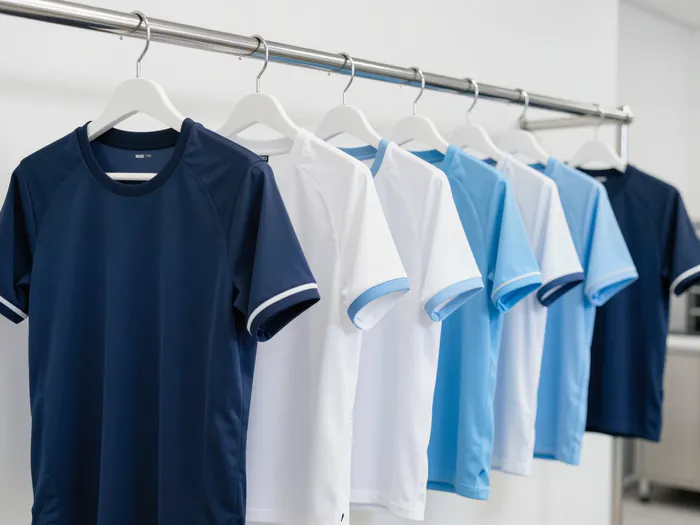 Illustration: plain navy, white and sky-blue sports jerseys hanging on a rail