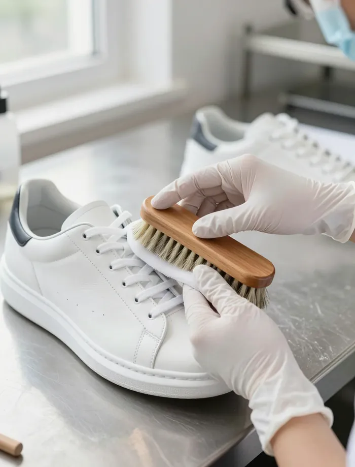 Illustration: gloved hands cleaning a white leather sneaker with a soft brush over a steel work surface