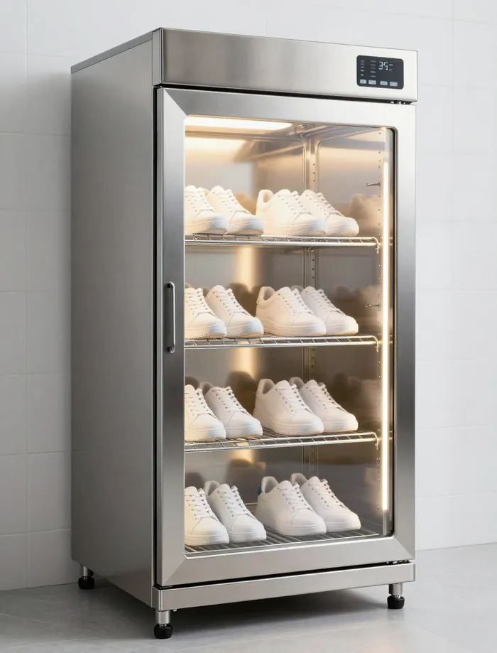 Illustration: a shoe-drying cabinet with clean white sneakers on angled racks behind a glass door