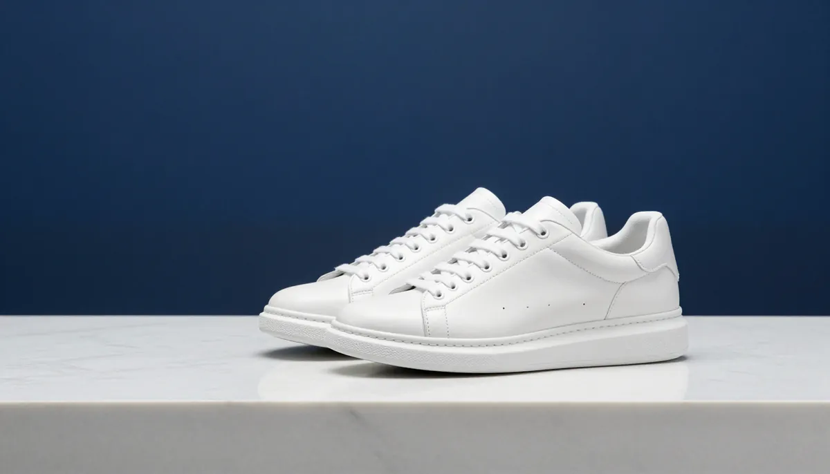 Illustration: a pair of pristine white leather sneakers on a marble plinth against a navy backdrop