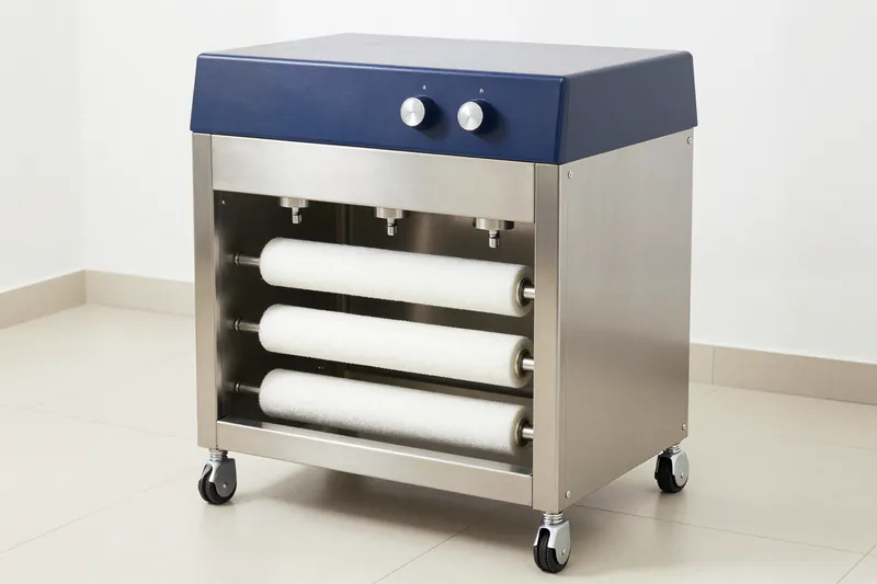 Illustration: a stainless steel shoe-cleaning machine with three brush rollers in a bright laundry