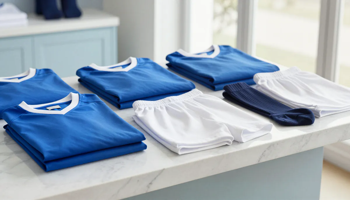 Illustration: clean plain blue football jerseys, white shorts and navy socks folded and stacked on a white marble counter