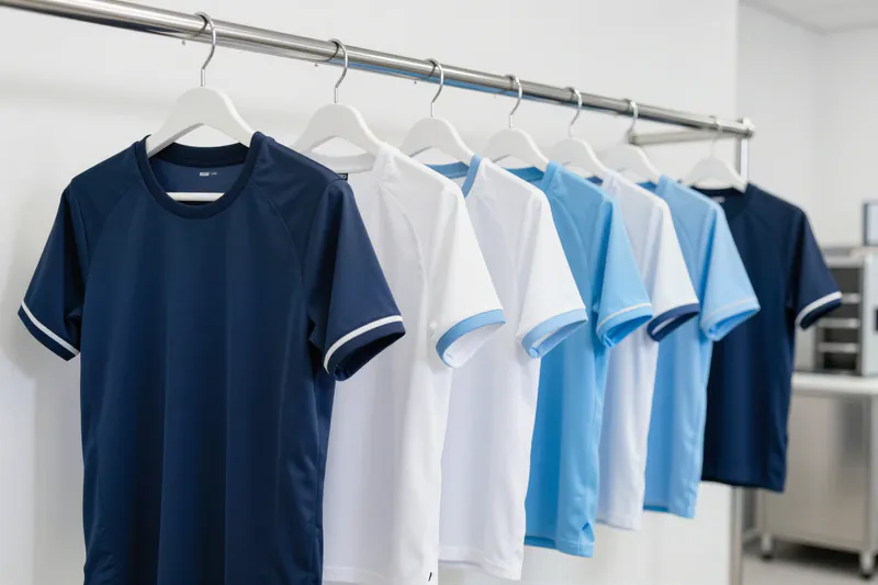 Illustration: plain navy, white and sky-blue sports jerseys on white hangers on a chrome rail in a bright laundry room
