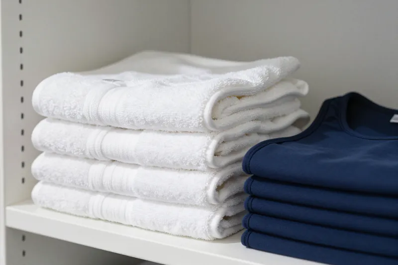 Illustration: folded white gym towels and plain navy training bibs stacked on white shelves